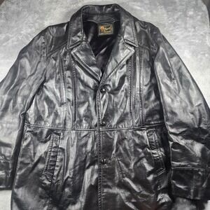VINTAGE Reed Sportswear Coat Mens XL Black Leather Overcoat Pockets Midlength